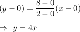 (y-0)=\dfrac{8-0}{2-0}(x-0)\\\\\Rightarrow\ y=4x