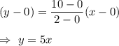 (y-0)=\dfrac{10-0}{2-0}(x-0)\\\\\Rightarrow\ y=5x