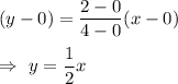 (y-0)=\dfrac{2-0}{4-0}(x-0)\\\\\Rightarrow\ y=\dfrac{1}{2}x