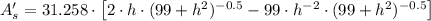 A'_{s} = 31.258\cdot \left[2\cdot h\cdot (99+h^{2}})^{-0.5} -99\cdot h^{-2}\cdot (99+h^{2})^{-0.5}\right]