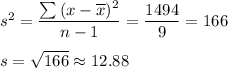 s^2=\dfrac{\sum{(x-\overline{x})^2}}{n-1}=\dfrac{1494}{9}=166\\\\s=\sqrt{166}\approx 12.88