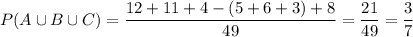 P(A\cup B\cup C)=\dfrac{12+11+4-(5+6+3)+8}{49}=\dfrac{21}{49}=\dfrac37