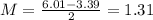 M = \frac{6.01 - 3.39}{2} = 1.31