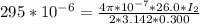 295 *10^{-6}  =  \frac{   4\pi * 10^{-7}  *  26.0  *  I_2 }{2 *3.142* 0.300}