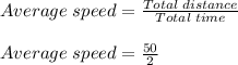 Average\;speed = \frac{Total\;distance}{Total\;time} \\\\Average\;speed = \frac{50}{2}