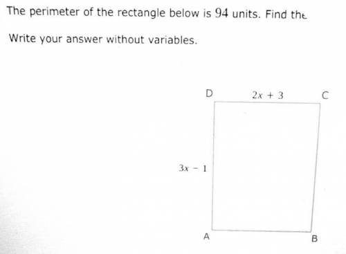 The perimeter of the rectangle below is 94 units. Find the value of x.