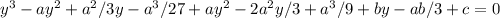 y^3 - ay^2 + a^2/3 y - a^3/27 + ay^2-2a^2y/3 + a^3/9 + by - ab/3 + c =0