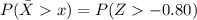 P(\=  X    x ) =  P( Z   -0.80  )