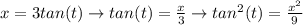 x= 3tan(t) \rightarrow tan(t) = \frac{x}{3} \rightarrow tan^2(t) = \frac{x^2}{9}