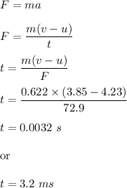 F=ma\\\\F=\dfrac{m(v-u)}{t}\\\\t=\dfrac{m(v-u)}{F}\\\\t=\dfrac{0.622\times (3.85-4.23)}{72.9}\\\\t=0.0032\ s\\\\\text{or}\\\\t=3.2\ ms