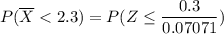 P(\overline X < 2.3) = P(Z \leq \dfrac{0.3}{0.07071})