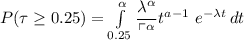 P(\tau \geq 0.25) = \int\limits^{\alpha}_{0.25} \dfrac{\lambda^{\alpha}}{\ulcorner^{\alpha}} t^{a\pha-1}  \ e^{-\lambda t} \, dt