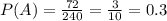 P(A)= \frac{72}{240} =\frac{3}{10}= 0.3
