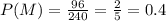 P(M)= \frac{96}{240}= \frac{2}{5}= 0.4