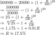 500000 = 20000 \times (1+\frac{R}{100})^{20}\\\Rightarrow \dfrac{500000}{20000} =(1+\frac{R}{100})^{20}\\\Rightarrow 25 =(1+\frac{R}{100})^{20}\\\Rightarrow \sqrt[20]{25} =1+\frac{R}{100}\\\Rightarrow 1.175 = 1+0.01R\\\Rightarrow R \approx17.5\%
