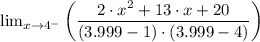 \lim_{x\rightarrow 4^{-}}\left (\dfrac{2\cdot x^{2}+13\cdot x+20}{(3.999 - 1)\cdot (3.999 - 4)}  \right )