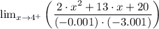 \lim_{x\rightarrow 4^{+}}\left (\dfrac{2\cdot x^{2}+13\cdot x+20}{(-0.001)\cdot (-3.001)}  \right )