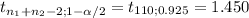 t_{n_1+n_2-2; 1-\alpha /2}= t_{110; 0.925}= 1.450