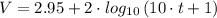 V = 2.95+2\cdot log_{10}\left (10\cdot t + 1  \right )
