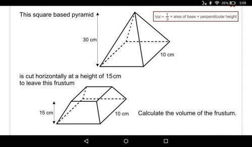 this squared based pyramid is cut horizontally at a height of 15cm to leave this frustum base area=1