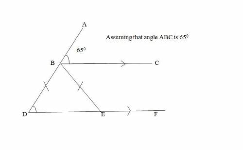 BC and DF are parallel lines. B is a point on AD and E is a point of DF. BD=BE. work out angle DBE g