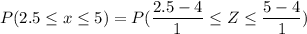 P(2.5 \leq x \leq 5) = P(\dfrac{2.5 - 4}{1} \leq Z \leq \dfrac{5- 4}{1})