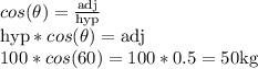 cos(\theta)=\frac{\text{adj}}{\text{hyp}}\\\text{hyp}*cos(\theta)=\text{adj}\\100*cos(60)=100*0.5=50\text{kg}