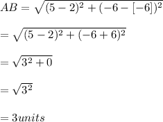 AB =\sqrt{(5-2)^{2}+(-6-[-6])^{2}}\\\\=\sqrt{(5-2)^{2}+(-6+6)^{2}}\\\\=\sqrt{3^{2}+0}\\\\=\sqrt{3^{2}}\\\\=3 units\\
