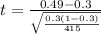 t  =  \frac{0.49 -  0.3  }{ \sqrt{ \frac{0.3 (1- 0.3 ) }{415} }}