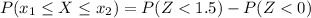 P(x_1  \le X  \le x_2 ) =  P( Z  <  1.5)  -  P( Z <   0)