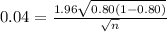 0.04 = \frac{1.96 \sqrt{0.80(1-0.80)} }{\sqrt{n} }