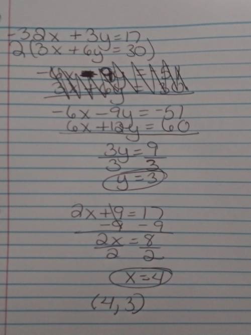 What is the solution to the system of equations below? 2 x + 3 y = 17. 3 x + 6 y = 30. (Negative 7,