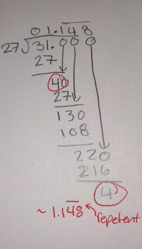 Solve with long division method 31/27