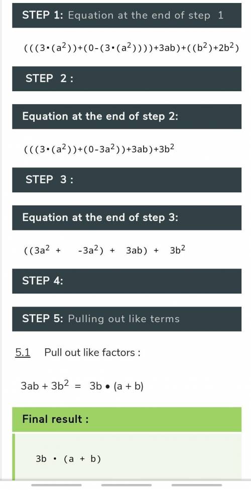 [3a2 + (–3a2)] + (–5ab + 8ab) + (b2 + 2b2)