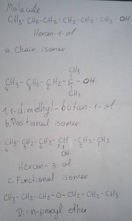 Draw structures for (a) a chain isomer, (b) a positional isomer, and (c) a functional isomer of hexa