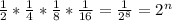\frac{1}{2}*\frac{1}{4}*\frac{1}{8}*\frac{1}{16}  = \frac{1}{2^8}  = 2^n