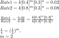 Rate1 = k[0.4]^{m}[0.3]^{n}=0.02\\Rate 2=k [0.8]^{m}[0.3}]^{n}=0.08\\\\\frac{Rate1}{Rate2}=\frac{0.02}{0.08} =\frac{k[0.4]^{m}[0.3]^{n}}{k[0.8]^{m}[0.3]^n}} \\\\\frac{1}{4} =(\frac{1}{2} )^{m},\\m=2