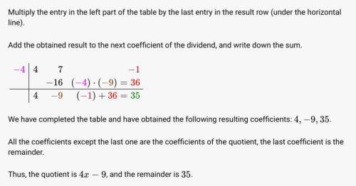 What is the remainder of (4x2 + 7x-1)= (4 + x)?A. -9x – 1B.23x – 1C.35D.-37