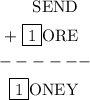 \begin{aligned}\text{ SEND}&\\+\text{ \boxed{1}ORE}&\\-----&-\\\text{ \boxed{1}ONEY}&\\\end{aligned}