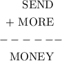 \begin{aligned}\text{ SEND}&\\+\text{ MORE}&\\-----&-\\\text{ MONEY}&\\\end{aligned}