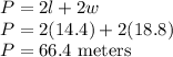 P=2l+2w\\P=2(14.4)+2(18.8)\\P=66.4\text{ meters}
