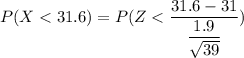 P(X < 31.6) = P(Z< \dfrac{31.6 - 31}{\dfrac{1.9 }{\sqrt{39}}})