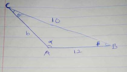 Solve the oblique triangle where side a has length 10 cm, side c has length 12 cm, and angle beta ha