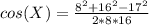 cos(X) = \frac{8^2 + 16^2 - 17^2}{2*8*16}