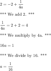 2=-2+\dfrac{1}{4a}\\\\\text{*** We add 2. ***}\\\\\dfrac{1}{4a}=2+2=4\\\\\text{*** We multiply by 4a. ***}\\\\16a=1\\\\\text{*** We divide by 16. ***}\\\\a=\dfrac{1}{16}