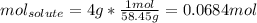 mol_{solute}=4g*\frac{1mol}{58.45g} =0.0684mol