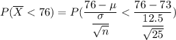 P( \overline X < 76) = P(\dfrac{76-\mu}{\dfrac{\sigma}{\sqrt{n}}}< \dfrac{76-73}{\dfrac{12.5}{\sqrt{25}}})