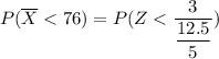 P( \overline X < 76) = P(Z< \dfrac{3}{\dfrac{12.5}{5}})
