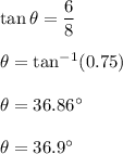 \tan\theta=\dfrac{6}{8}\\\\\theta=\tan^{-1}(0.75)\\\\\theta=36.86^{\circ}\\\\\theta=36.9^{\circ}