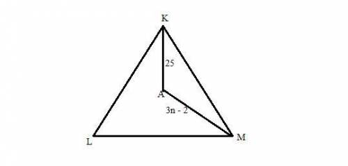 The perpendicular bisectors of ΔKLM intersect at point A. If AK = 25 and AM = 3n - 2, then what is t